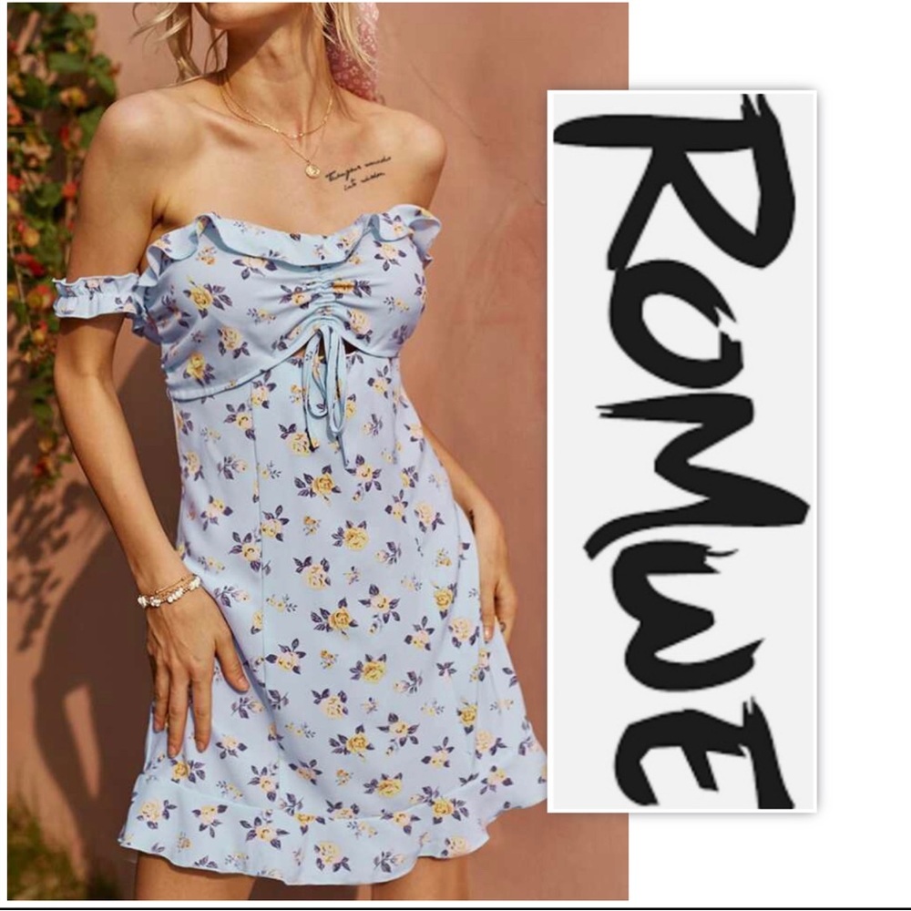 ROMWE Light Blue Floral Off The Shoulder Dress